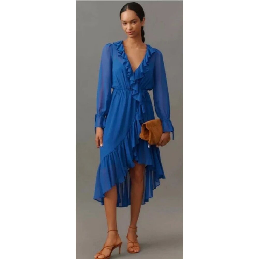 Anthropologie Blue Long Sleeve Ruffled Midi Dress Women's Size XL NWT